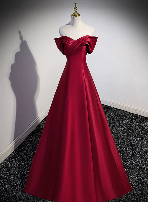 Wine Red Satin Long Party Dress, A-line Wine Red Satin Prom Dress