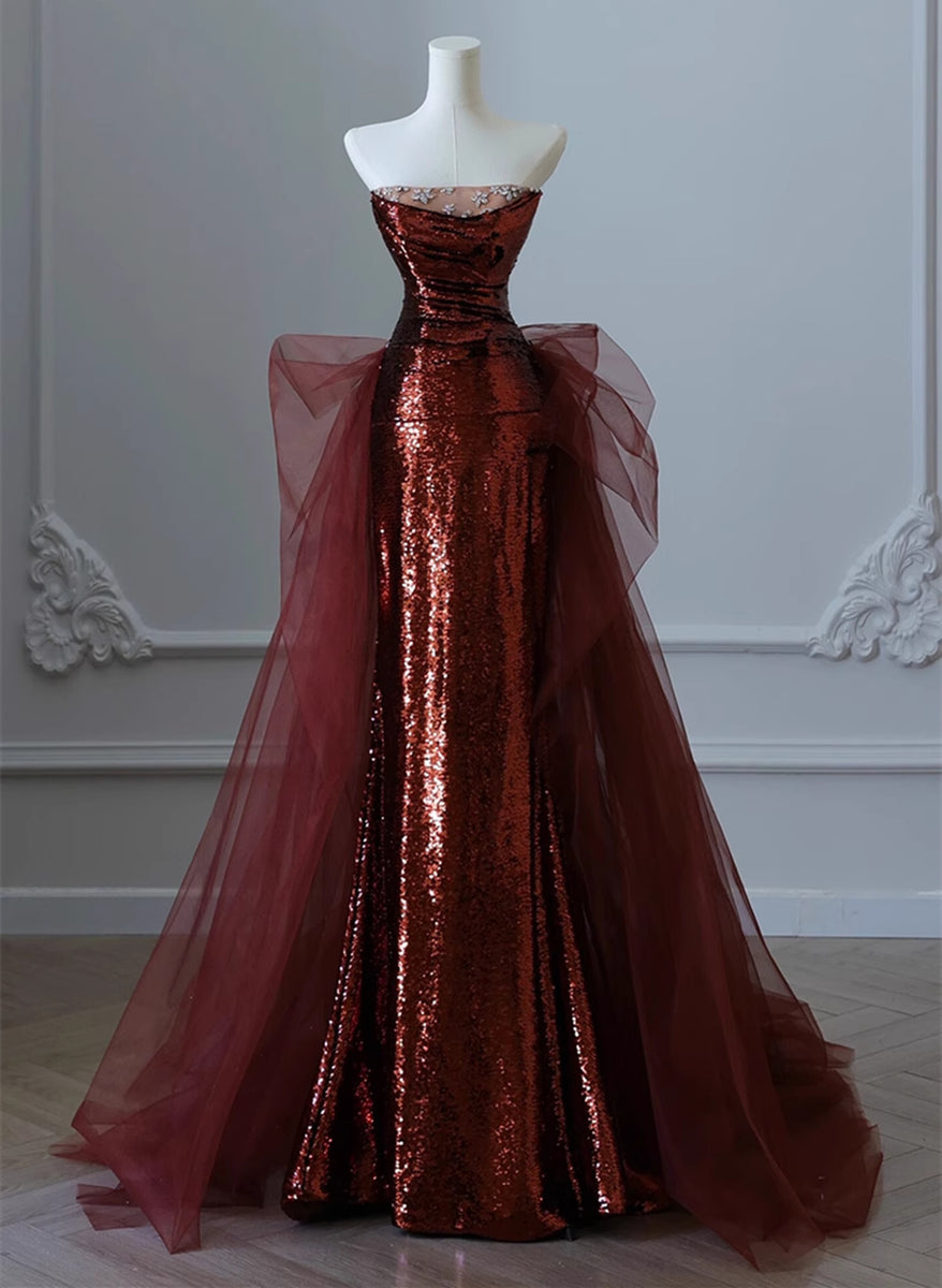 Wine Red Sequins and Tulle Beaded Long Party Dress, Wine Red Evening D