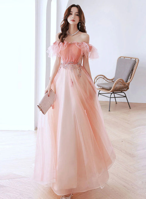 Pink A-line Tulle Off Shoulder Beaded Prom Dress, Pink Tulle Evening Dress