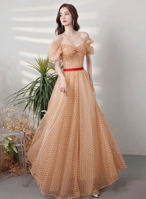Champagne A-line Short Sleeves Prom Dress, Champagne Tulle Evening Dress