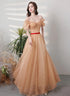 Champagne A-line Short Sleeves Prom Dress, Champagne Tulle Evening Dress
