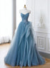 A-line Blue Tulle with Lace Off Shoulder Prom Dress, Blue Long Evening Dress