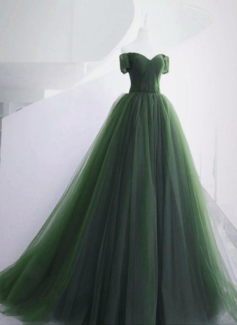Green Off Shoulder Tulle Sweetheart Long Party Dress, Green Tulle Evening Dress Prom Dress