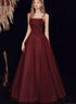 Wine Red Straps Tulle Beaded Long Prom Dress, Wine Red A-line Evening Dress
