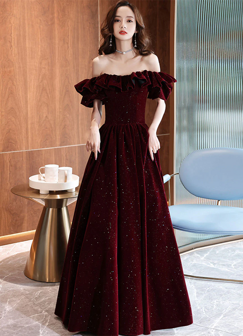 Off Shoulder Wine Red Velvet A-line Party Dress, Wine Red Prom Dress