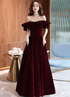 Off Shoulder Wine Red Velvet A-line Party Dress, Wine Red Prom Dress