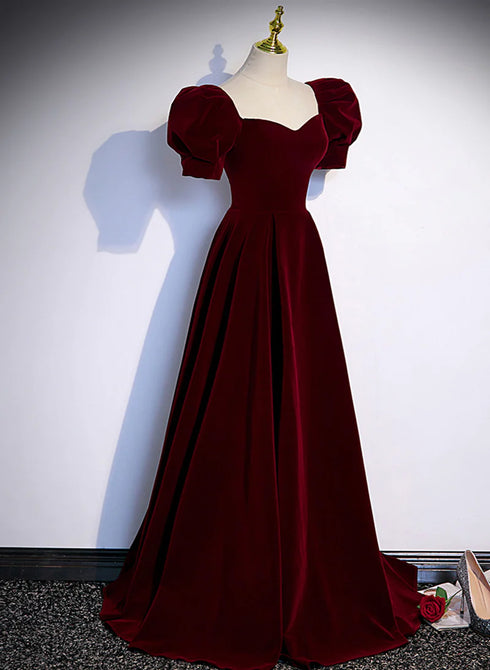 Wine Red A-line Short Sleeves Long Simple Party Dress, Wine Red Velvet Prom Dress