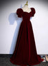 Wine Red A-line Short Sleeves Long Simple Party Dress, Wine Red Velvet Prom Dress