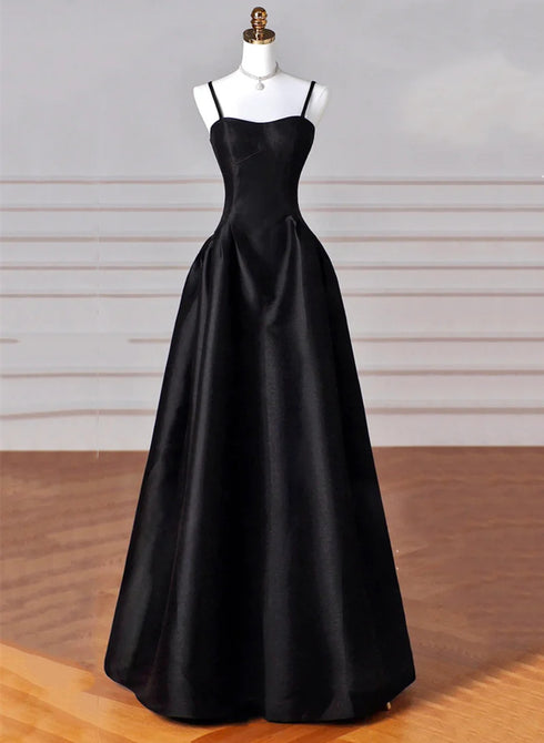 Black A-Line Straps Satin Long Party Dress, Black Long Prom Dress Evening Dress