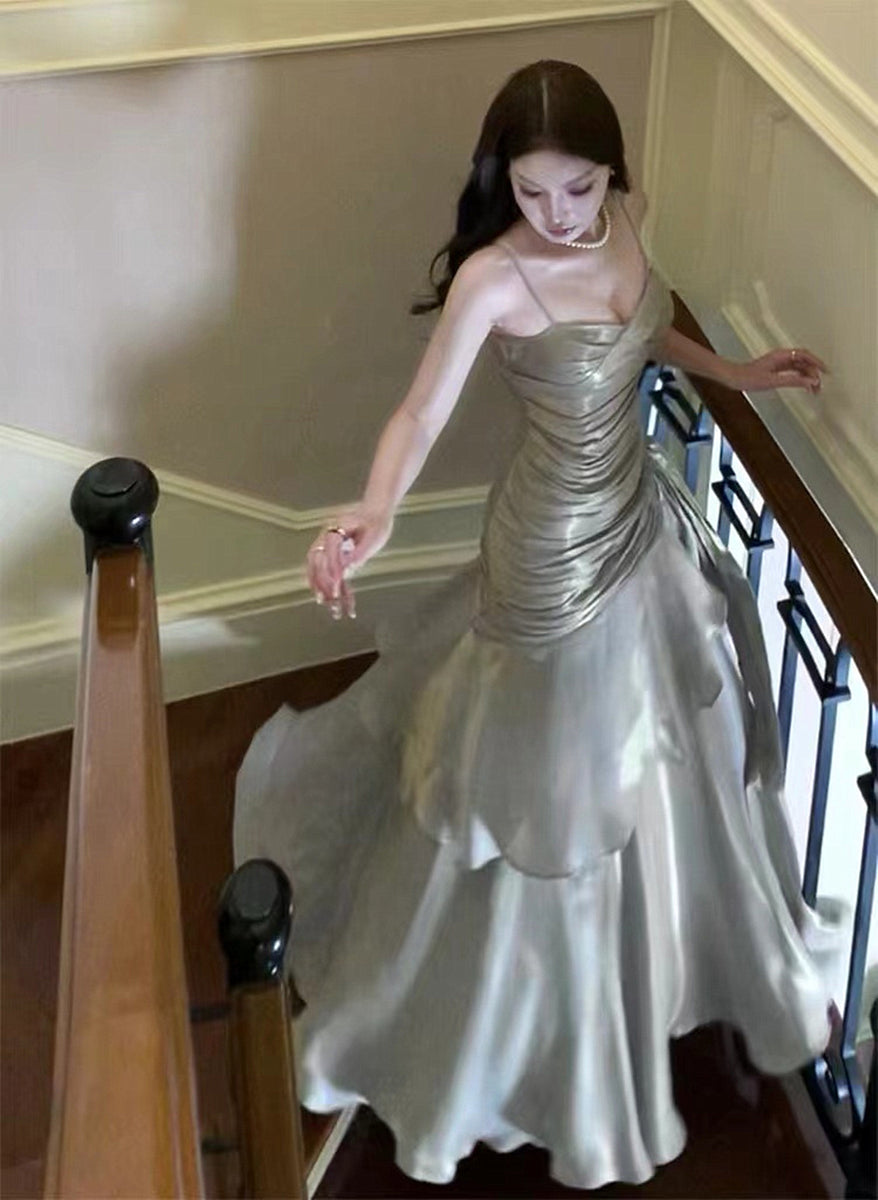 Grace - Long Formal Satin Dress with a High Slit and Double Straps