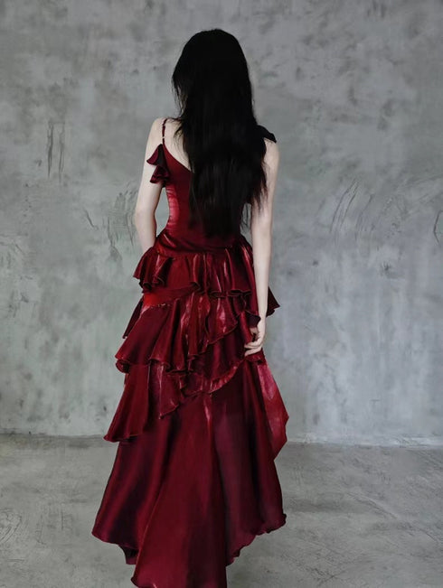 Wine Red High Low Straps Homecoming Dress Party Dress, Wine Red Prom Dress