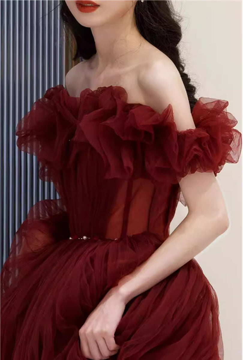 Wine Red Off Shoulder Tulle A-line Prom Gown, Prom Dresses