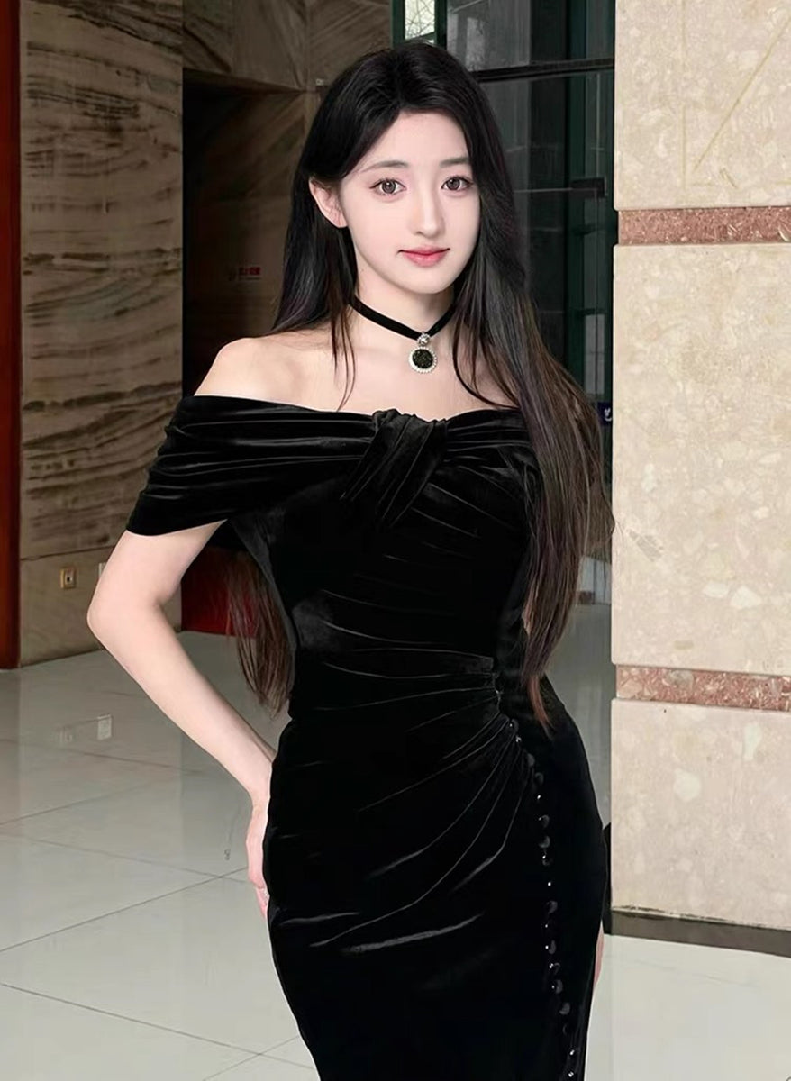 Black Velvet Mermaid Off Shoulder Long Party Dress, Black Velvet Prom