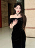 Black Velvet Mermaid Off Shoulder Long Party Dress, Black Velvet Prom Dress