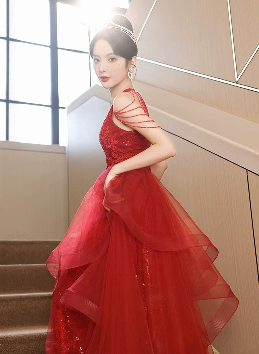 Chic Red Tulle Halter A-Line Long Evening Dress, Tulle Prom Dress Part