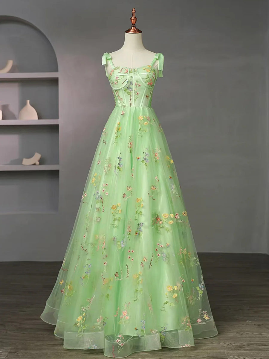 Lovely Light Green Floral Straps Long Formal Dress, Light Green Tulle