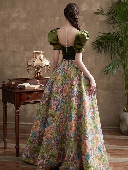 Green A-line Sweetheart Long Prom Dress Evening Dress, Green Floral Party Dress