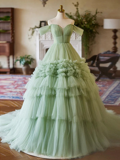 Green Tulle Sweetheart Long Formal Gown, Green Tulle Sweet 16 Dress