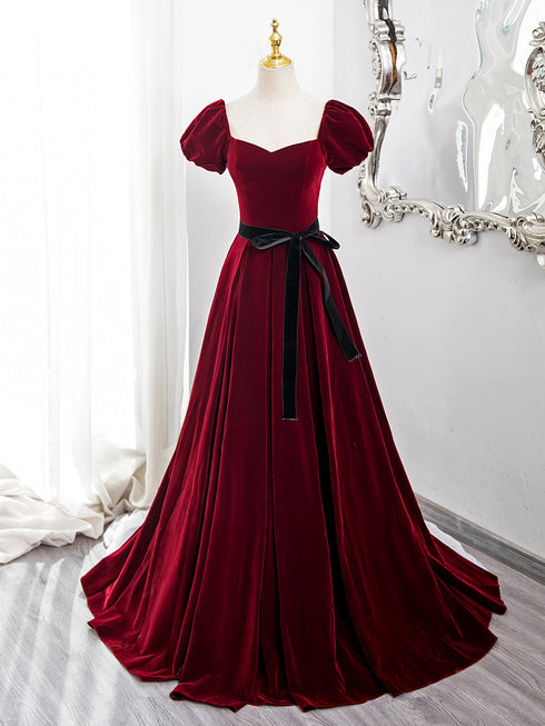 Lovely Wine Red Velvet Short Sleeves Formal Dress, Wine Red Velvet Prom Dress