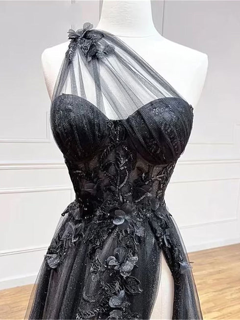 A-line One Shoulder Tulle With Lace Applique High Slit Prom Dress, Tulle Party Dress