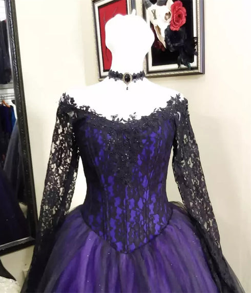 Black and Purple Long Sleeves Lace Sweet 16 Dress, Black and Purple Tulle Prom Dress