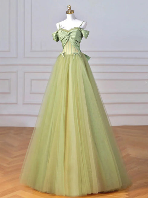 Green Sweetheart Off Shoulder Tulle A-line Straps Party Dress, Green Tulle Prom Dress