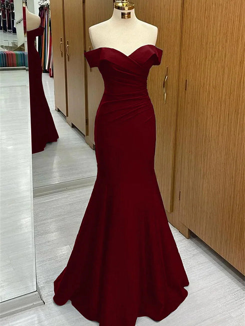 Wine Red Mermaid Sweetheart Off Shoulder Prom Dress, Wine Red Evening Dress