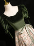 Green Velvet Floral Satin Long A-line Prom Dress, Green Evening Dress