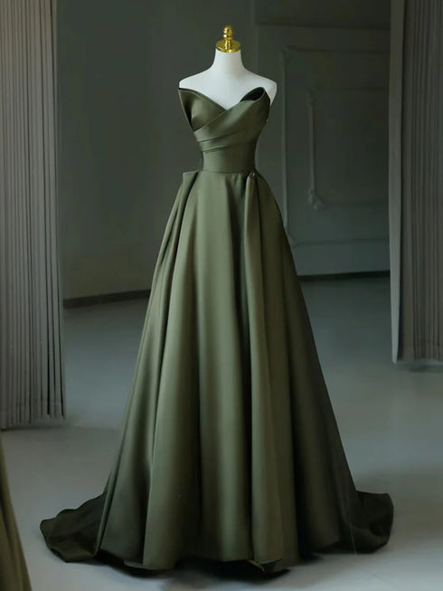A-line Green Satin Long Party Dress, Green Strapless Floor Length Prom Dress