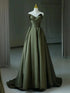 A-line Green Satin Long Party Dress, Green Strapless Floor Length Prom Dress