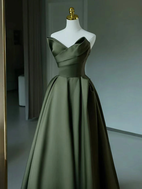 A-line Green Satin Long Party Dress, Green Strapless Floor Length Prom Dress