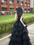 Lovely Black Tulle Long Prom Dress with Leg Slit, Black Shiny Tulle Party Dress