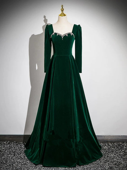 Green Velvet Beaded Long Sleeves Prom Dress, Green Velvet Party Dress