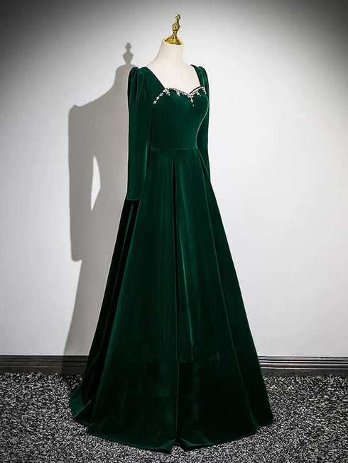 Green Velvet Beaded Long Sleeves Prom Dress, Green Velvet Party Dress