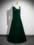 Green Velvet Beaded Long Sleeves Prom Dress, Green Velvet Party Dress