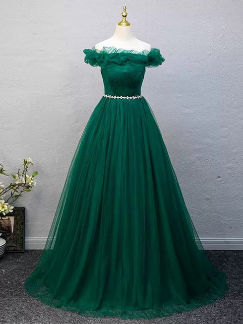 Green Beaded Off Shoulder Tulle Prom Dress, A-line Green Party Dress