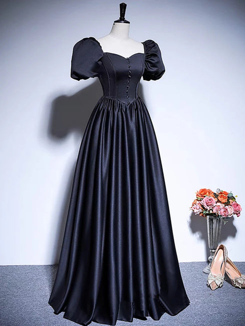 A-line Simple Satin Short Sleeves Prom Dress, Black Satin Party Dress Formal Dress