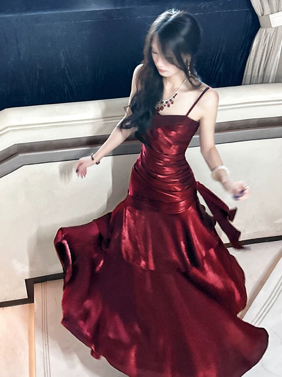 slim fit dress slacks V Neck Backless Burgundy Prom Dresses, Open Back Wine Red Long Formal  Graduation Dresses main image 1