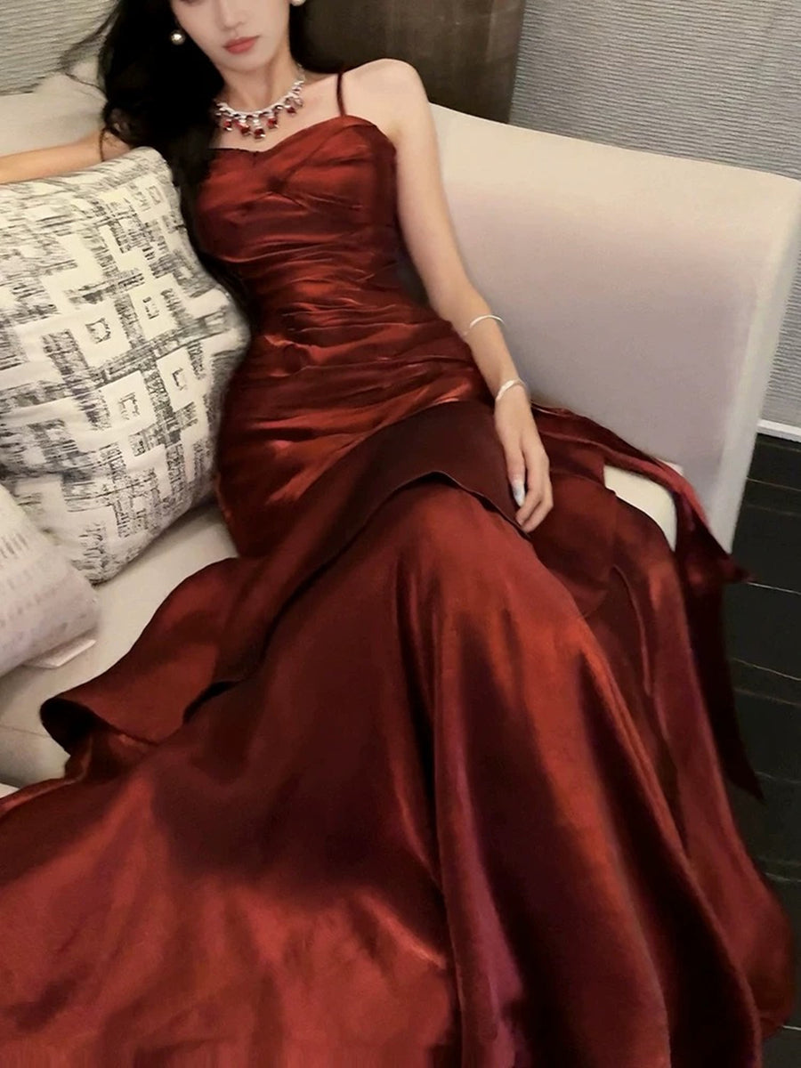 fitted lace wedding dress Zapaka Women Mermaid Prom Dress Burgundy V-Neck Sleeveless Simple Evening Dress, Burgundy / L main image 1