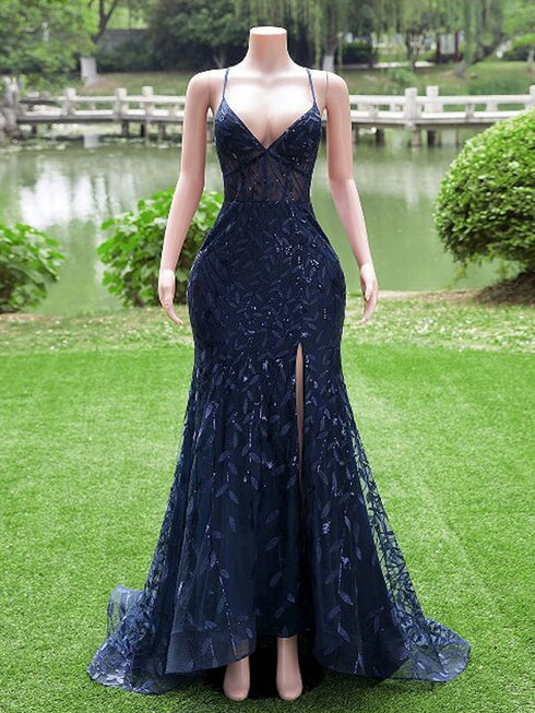 Navy Blue Mermaid Straps V-neckline Prom Dress, Navy Blue Lace Party Dress