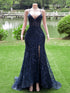 Navy Blue Mermaid Straps V-neckline Prom Dress, Navy Blue Lace Party Dress