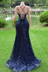 Navy Blue Mermaid Straps V-neckline Prom Dress, Navy Blue Lace Party Dress