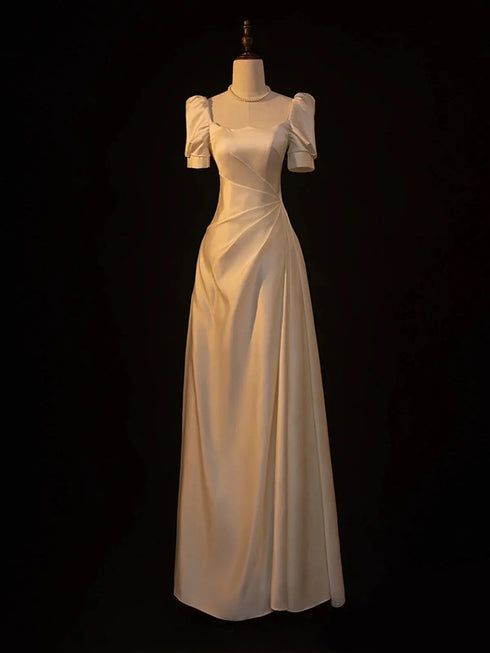 Ivory Satin A-line Simple Wedding Party Dress, Ivory Satin Prom Dress