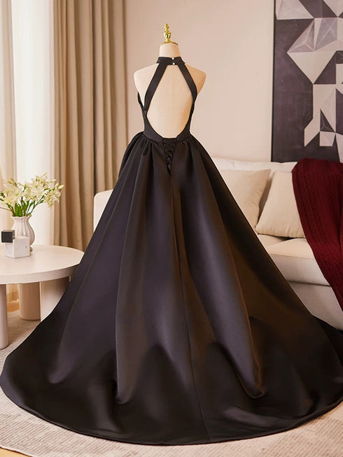 Black Satin Haler Open Back Long Prom Dress, Black Satin Party Dress