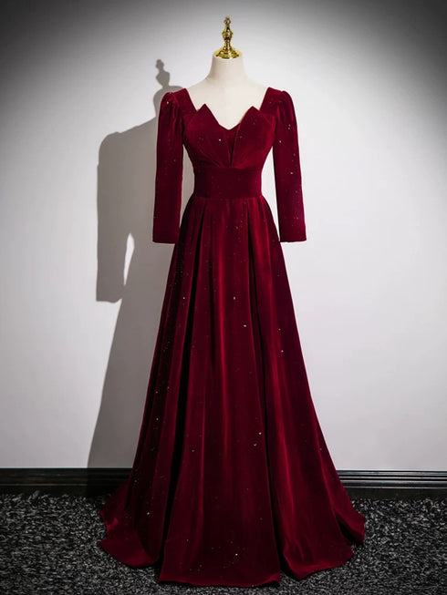 Wine Red Velvet Long Sleeves A-line Floor Length Prom Dress, Wine Red Party Dress
