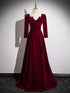 Wine Red Velvet Long Sleeves A-line Floor Length Prom Dress, Wine Red Party Dress