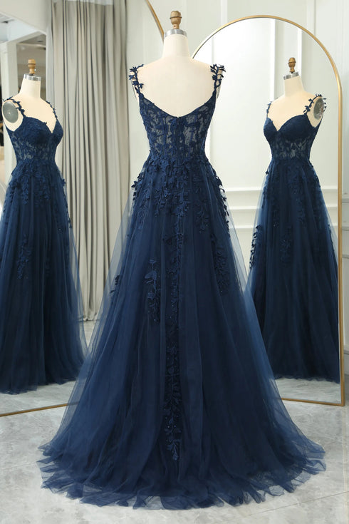 A-line Navy Blue Tulle Sweetheart with Lace Prom Dress, Navy Blue Long Party Dress