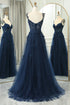 A-line Navy Blue Tulle Sweetheart with Lace Prom Dress, Navy Blue Long Party Dress
