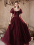 Wine Red Puffy Short Sleeves Tulle Prom Dress, Wine Red Tulle Party Dress