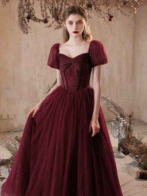 Wine Red Puffy Short Sleeves Tulle Prom Dress, Wine Red Tulle Party Dress